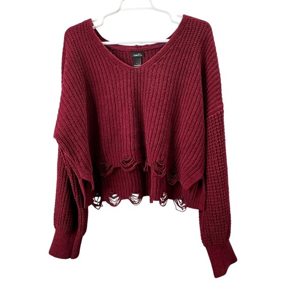 Rue21 Distressed Destroyed Sweater L Pullover Burgundy Maroon Cropped - Picture 1 of 5